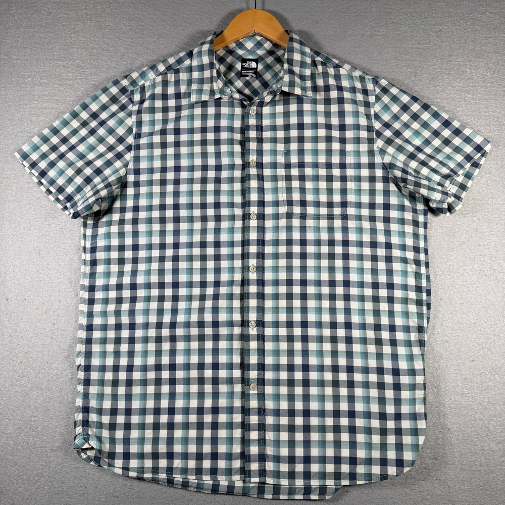 The North Face Mens XL Blue Gingham Plaid Short Sleeve Nylon Shirt NF0A2UMR S17